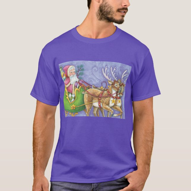 Cute Cartoon Christmas Santa Claus Sleigh Reindeer T-Shirt (Front)