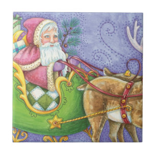 Cute Cartoon Christmas Santa Claus Sleigh Reindeer Tile