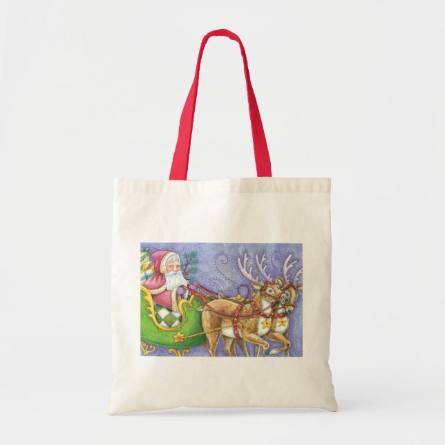Cute Cartoon Christmas Santa Claus Sleigh Reindeer Tote Bag (Front)