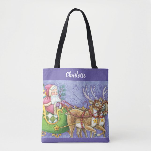 Cute Cartoon Christmas Santa Claus Sleigh Reindeer Tote Bag (Front)