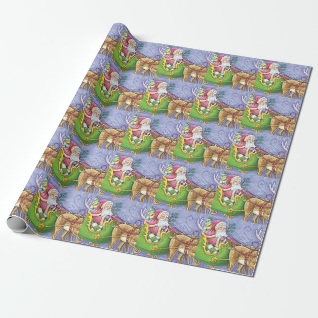 Cute Cartoon Christmas Santa Claus Sleigh Reindeer Wrapping Paper (Unrolled)