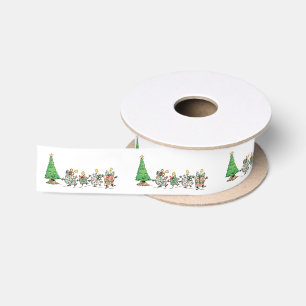 Cute Cartoon Christmas Tree and Dancing Presents Satin Ribbon
