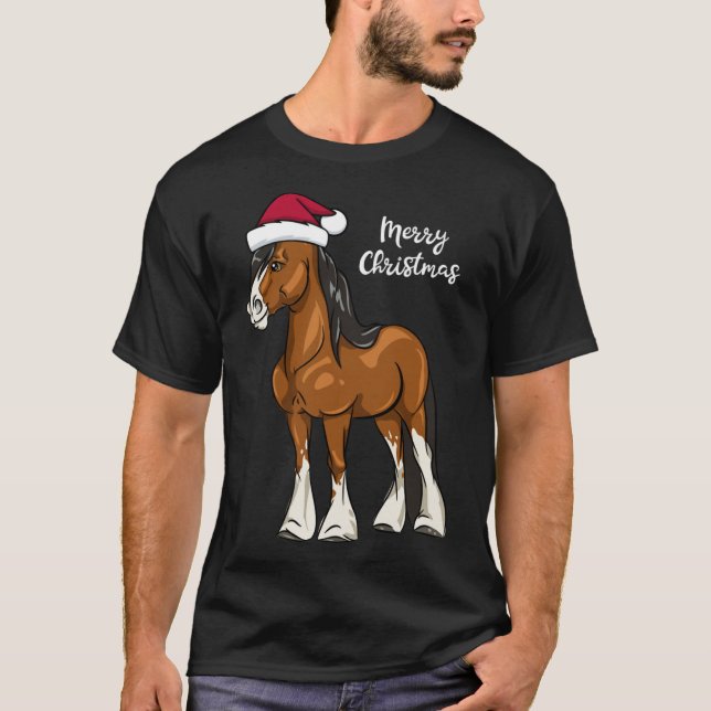 Cute Cartoon Clydesdale Draft Horse Christmas T-Shirt (Front)