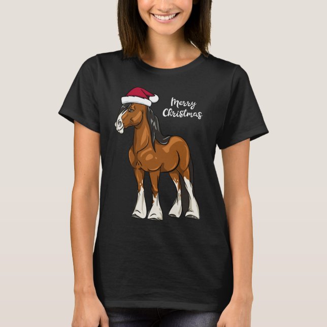 Cute Cartoon Clydesdale Draft Horse Christmas T-Shirt (Front)