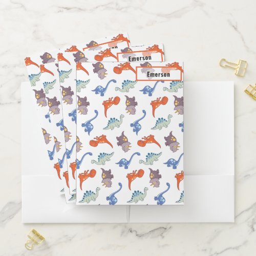 Cute Cartoon Colorful Dinosaur Pattern with Name Pocket Folder