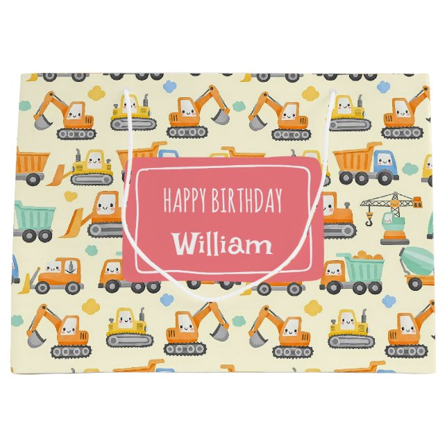 Cute Cartoon Construction Vehicles Large Gift Bag (Front)