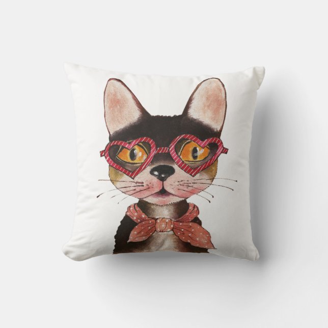 Cute Cartoon Cool Cat in Glasses Throw Pillow (Front)