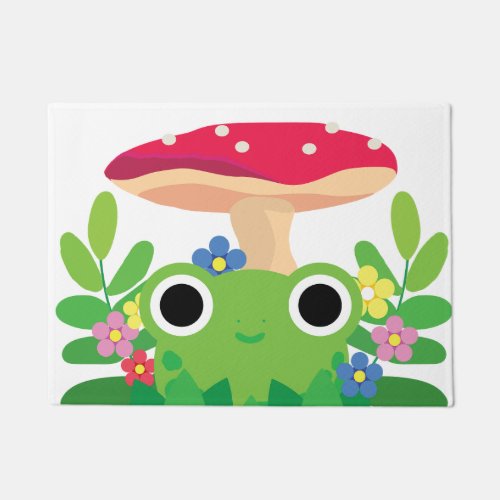 Cute Cartoon Cottagecore Frog with Mushroom Doormat