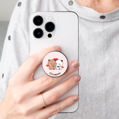 Cute cartoon couple Bear  Panda pink custom name PopSocket