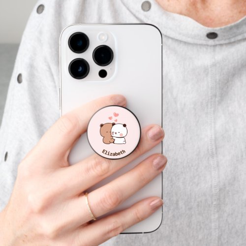 Cute cartoon couple Bear  Panda pink custom name PopSocket