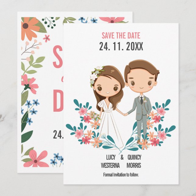 Cute Cartoon Couple floral Save the Date (Front/Back)