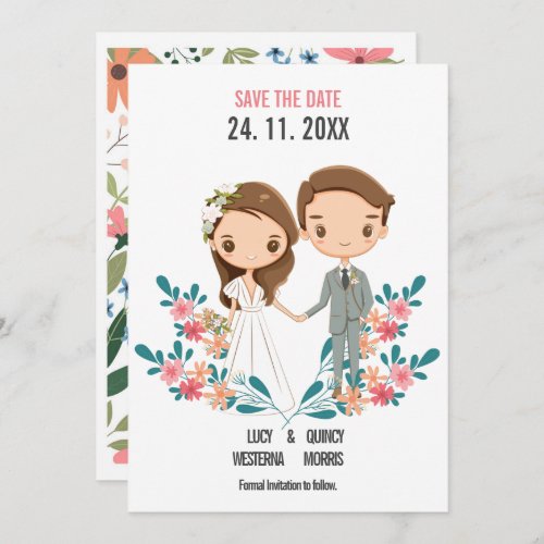Cute Cartoon Couple floral Save the Date