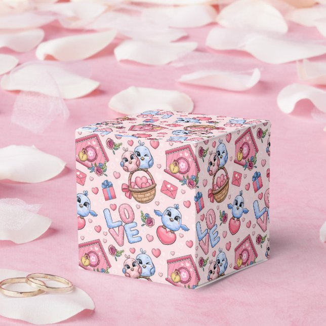 Cute cartoon couple of birds, hearts, birds house/ favor boxes (Wedding)