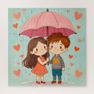 Cute Cartoon Couple Smiling Under Pink Umbrella Jigsaw Puzzle
