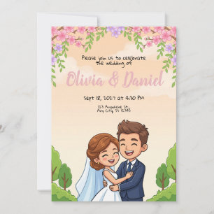 Cute Cartoon Couple Sunset Wedding Invitation