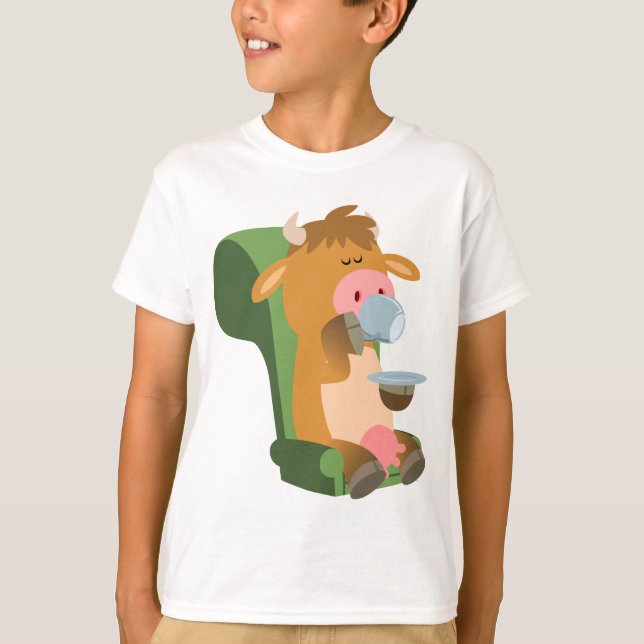 Cute Cartoon Cow and a Nice Cuppa Children T-Shirt (Front)