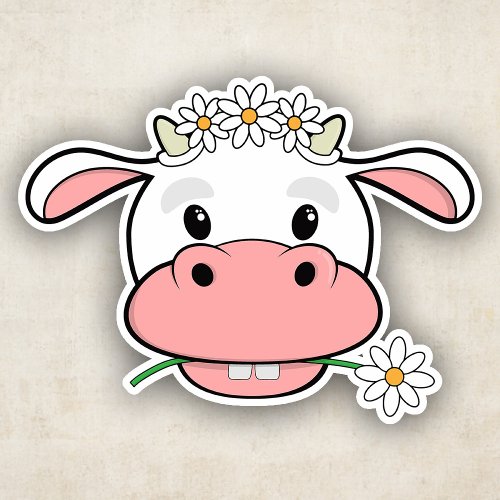 Cute Cartoon Cow Chewing a Daisy  Kawaii Sticker