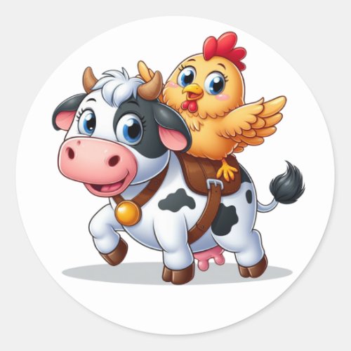 cute cartoon cowchicken classic round sticker