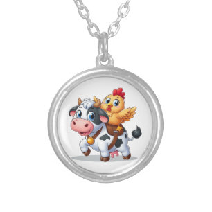 cute cartoon cow/chicken silver plated necklace