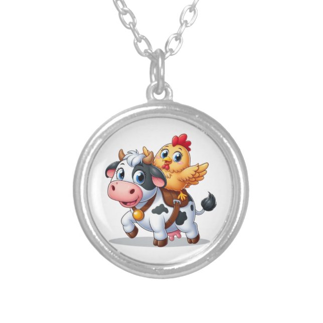 cute cartoon cow/chicken silver plated necklace (Front)