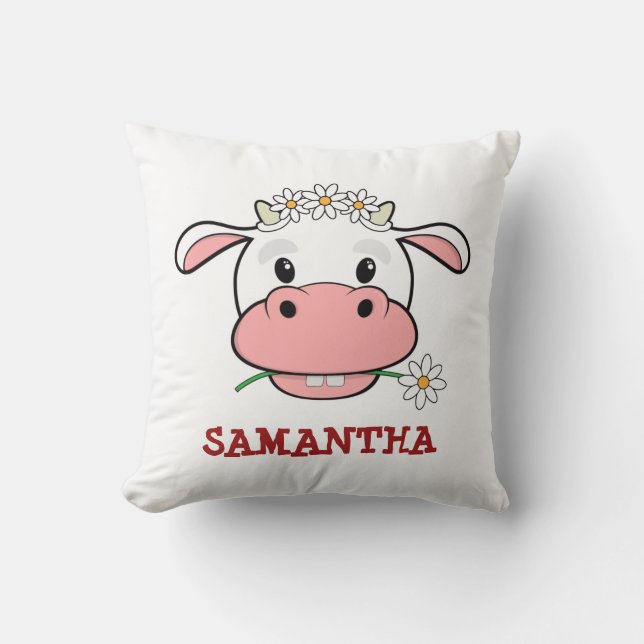 Cute Cartoon Cow | Custom Name Farm Animal Pillow (Front)