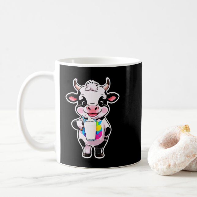 Cute Cartoon Cow Drinking Milk From Glass Coffee Mug (With Donut)