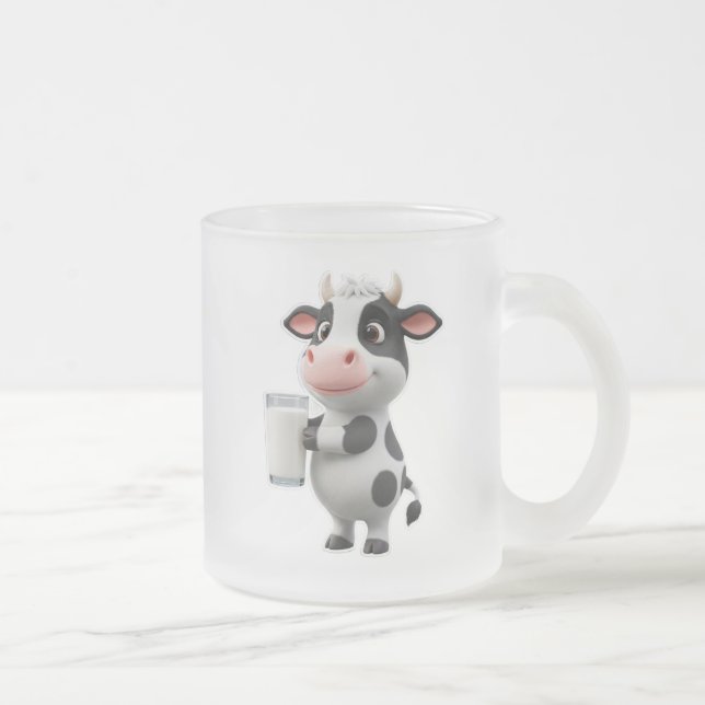 Cute Cartoon Cow Drinking Milk From Glass Frosted Glass Coffee Mug (Right)