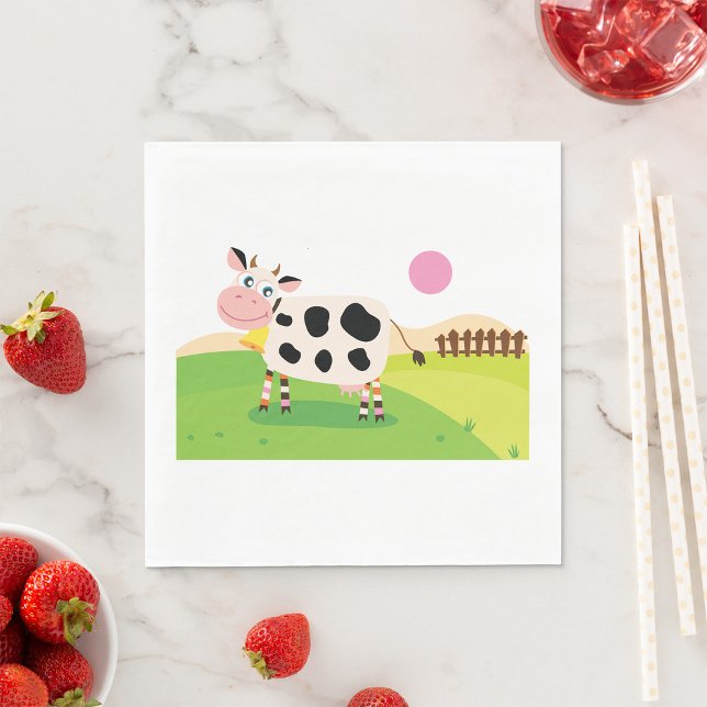 Cute Cartoon Cow in Sunny Farm Field Napkins (Creator Uploaded)