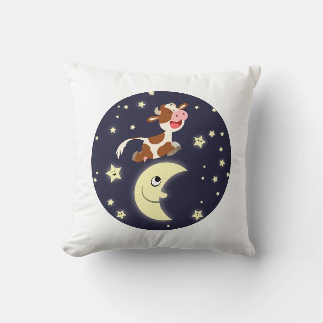Cute Cartoon Cow Jumping Over The Moon Pillow (Front)
