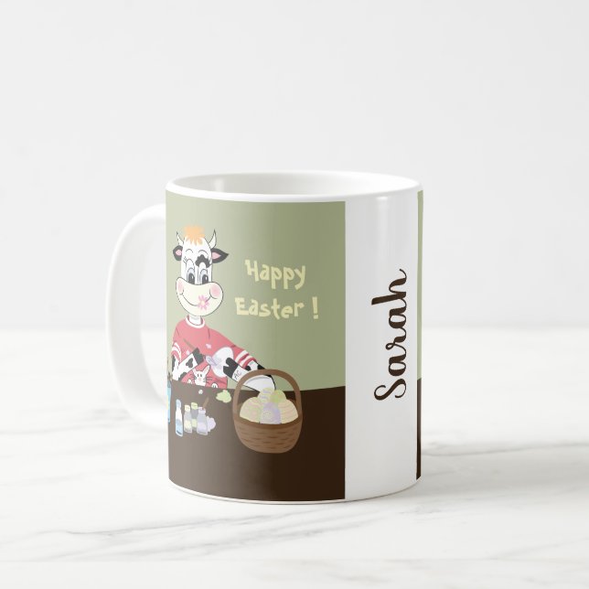 Cute cartoon cow painting eggs Easter mug (Front Left)