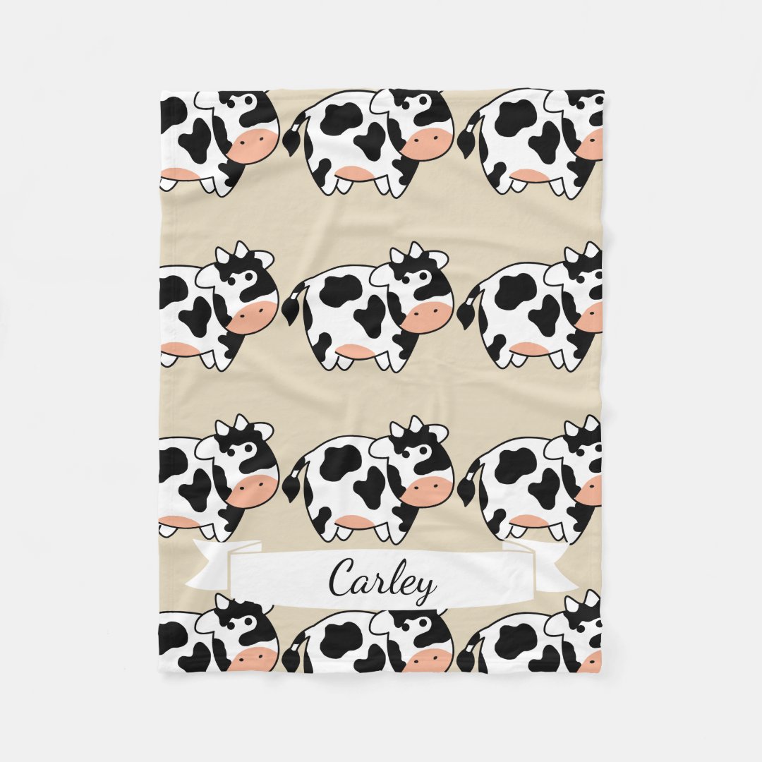 Cute Cartoon Cow Pattern & Name in Script Fleece Blanket | Zazzle