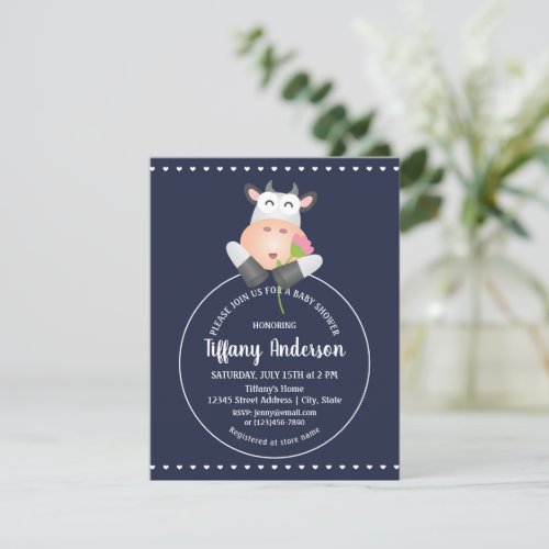 Cute Cartoon Cow With Pink Flower Boy Baby Shower Invitation