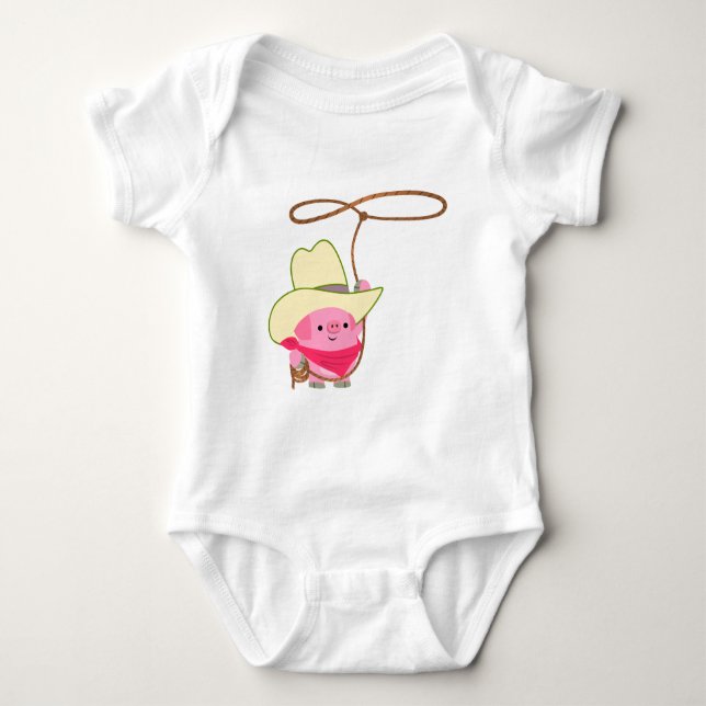 Cute Cartoon Cowboy Pig With Lariat  Baby Bodysuit (Front)