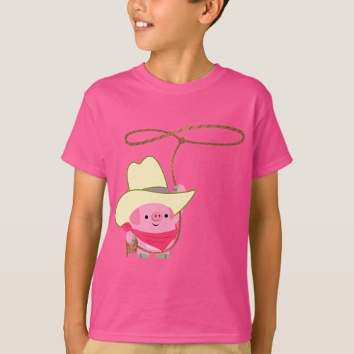 Cute Cartoon Cowboy Pig With Lariat Kids T_Shirt