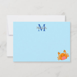 Cute Cartoon Crab Blue Ocean Lined Custom Note Card