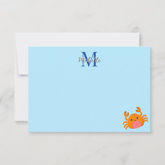 Cute Cartoon Crab Blue Ocean Lined Custom Note Card (Front)