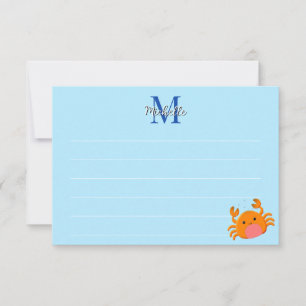Cute Cartoon Crab Blue Ocean Lined Monogram Note Card
