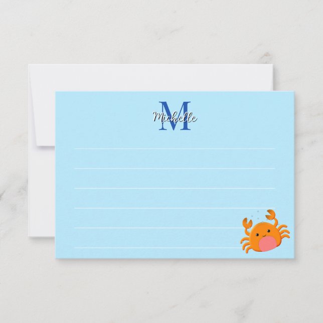 Cute Cartoon Crab Blue Ocean Lined Monogram Note Card (Front)