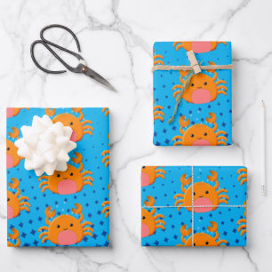 Cute Cartoon Crab Blue Ocean Wrapping Paper Sheets
