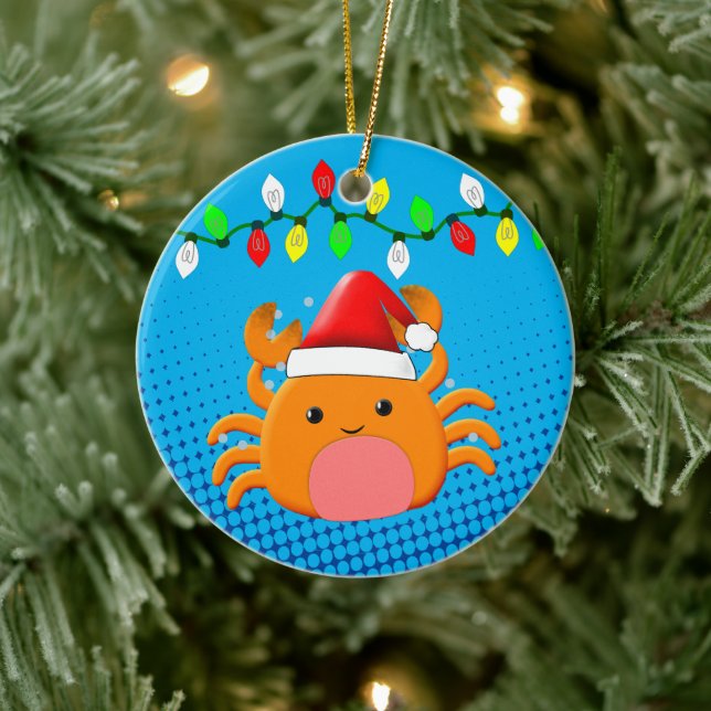 Cute Cartoon Crab Santa Hat Christmas Lights Ceramic Ornament (Tree)
