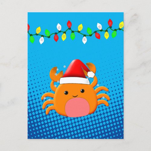 Cute Cartoon Crab Santa Hat Christmas Lights Postcard