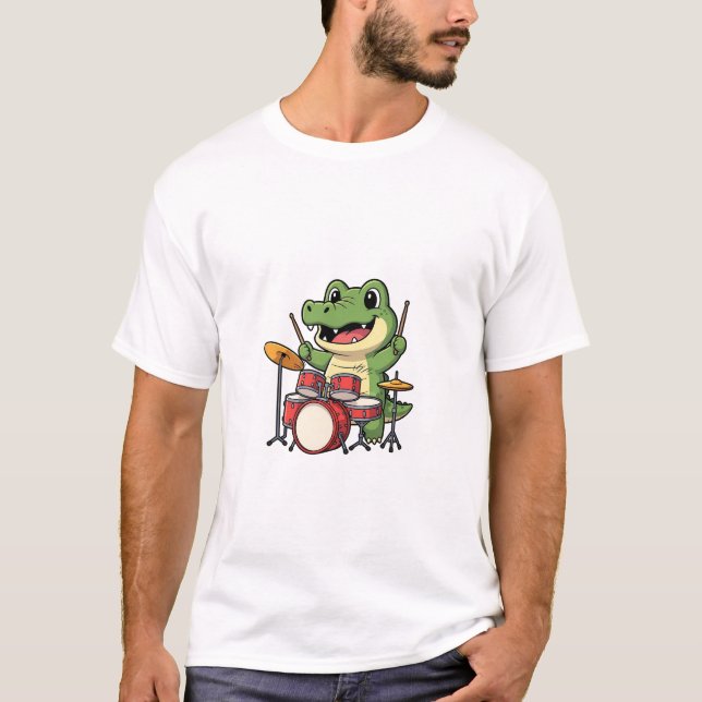 Cute Cartoon Crocodile Drummer Mascot T-Shirt (Front)