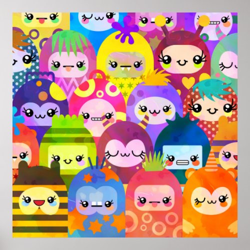 Cute Cartoon Crowded Kawaii Monster Kid Group Poster