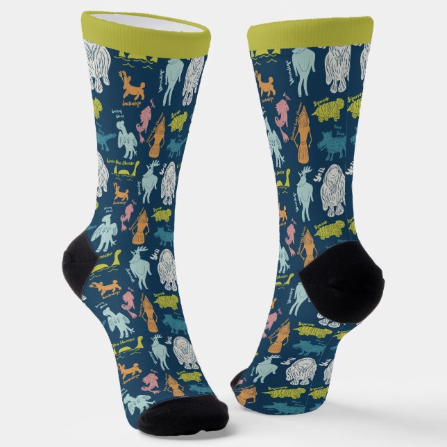 Cute Cartoon Cryptids Cryptozoology Guide Socks (Angled)