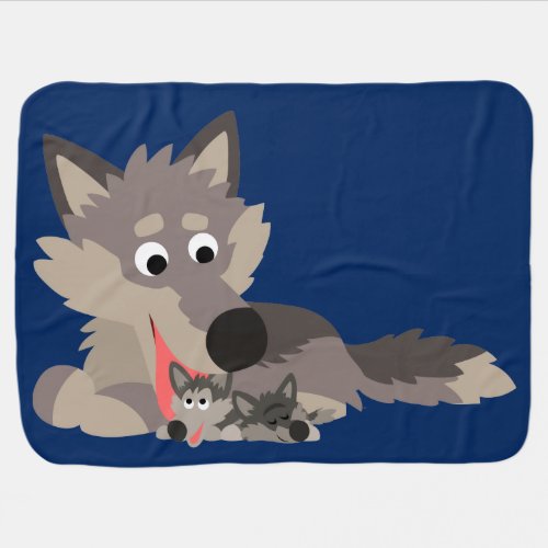 Cute Cartoon Dad Wolf and Pups Baby Blanket