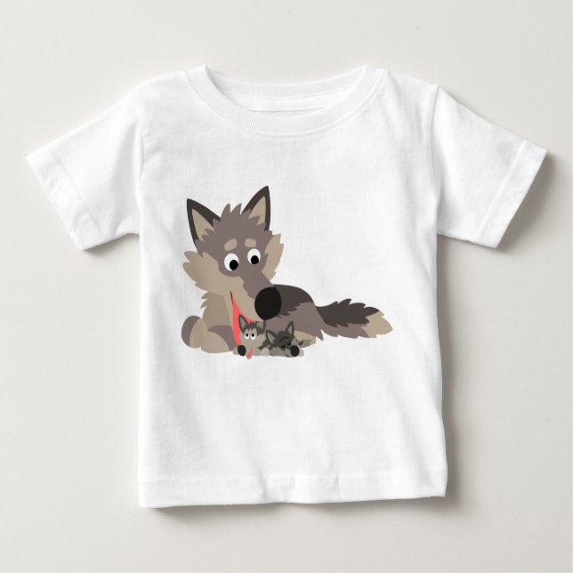 Cute Cartoon Dad Wolf and Pups Baby T-Shirt (Front)