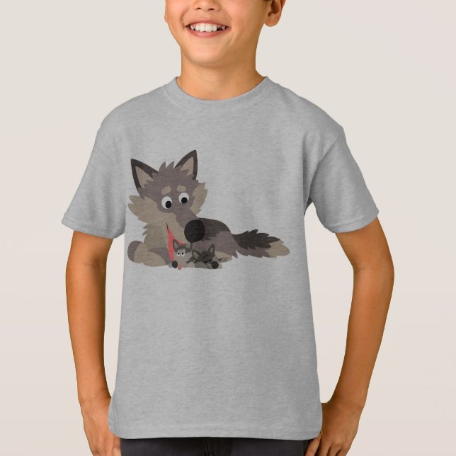 Cute Cartoon Dad Wolf and Pups Children T-Shirt (Front)