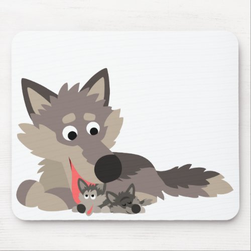 Cute Cartoon Dad Wolf and Pups Mousepad