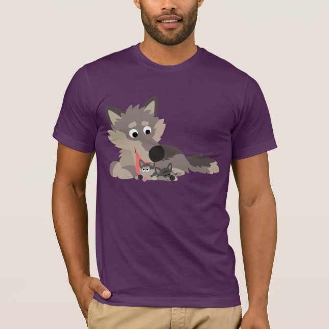 Cute Cartoon Dad Wolf and Pups T-Shirt (Front)