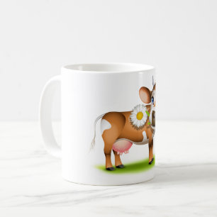 Cute Cartoon Dairy Cow with Flower and Grass Coffee Mug